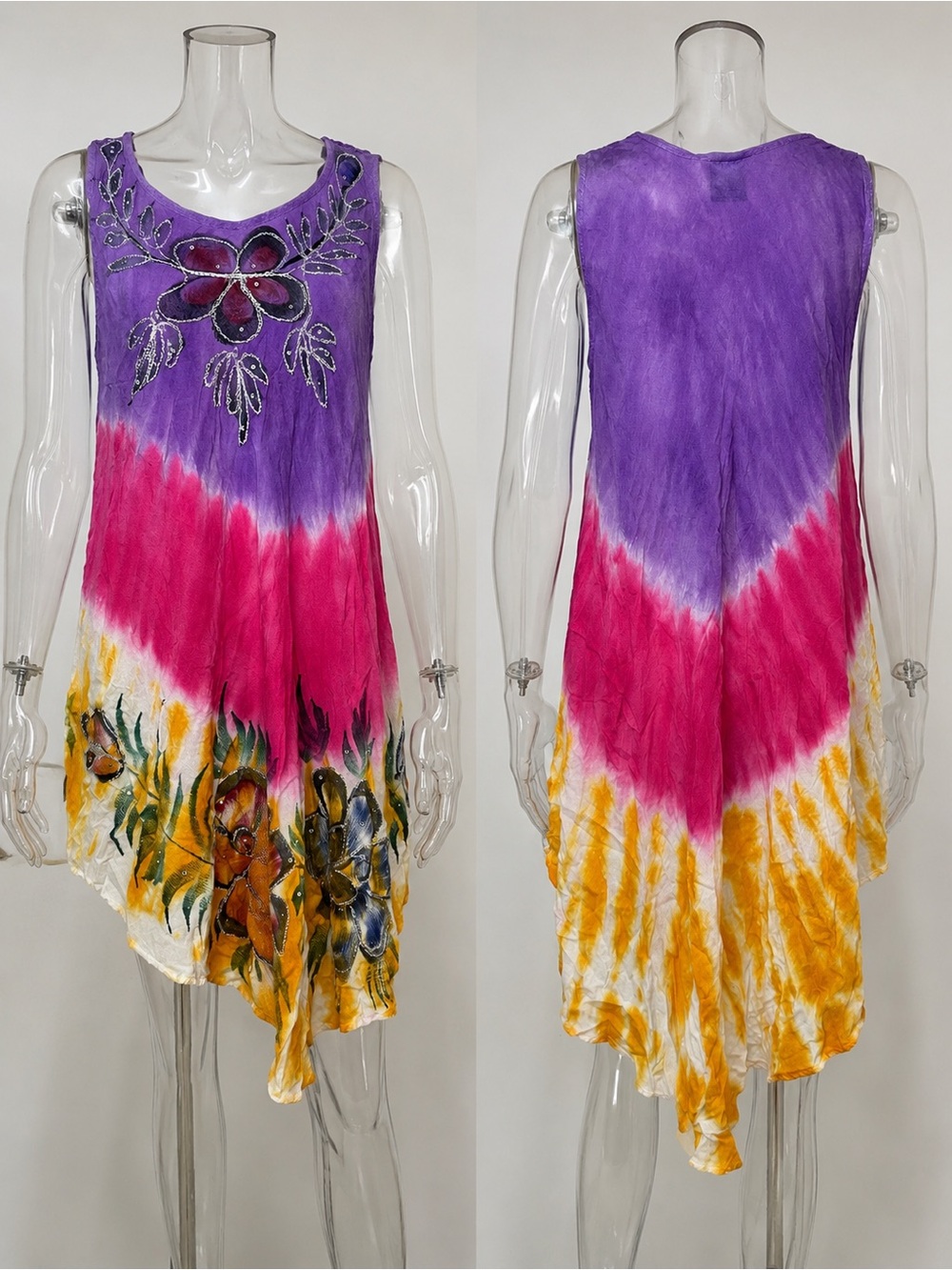 Seven Islands New York Boho Tie Dye Rayon Embroidered Sleeveless Dress One Size